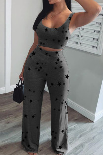 Dark Gray Casual Print The stars Vests Pants U Neck Sleeveless Two Pieces