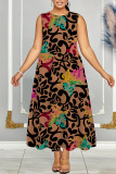 Cyan Casual Print Basic O Neck Long Dress Plus Size Dresses