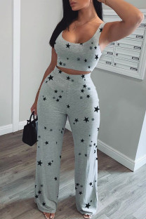 Grey Casual Print The stars Vests Pants U Neck Sleeveless Two Pieces