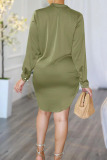 Army Green Casual Solid Buttons Turndown Collar Shirt Dress Dresses