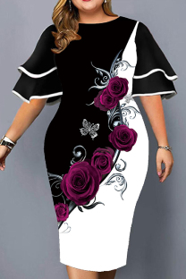 Black White Casual Print Patchwork O Neck Printed Dress Plus Size Dresses