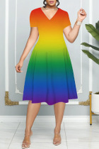 Colour Casual Print Basic V Neck Short Sleeve Dress