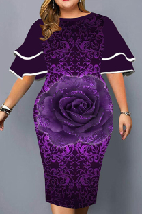 Purple Casual Print Patchwork O Neck Printed Dress Plus Size Dresses