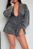 Grey Casual Solid Make Old Patchwork Zipper O Neck Regular Rompers