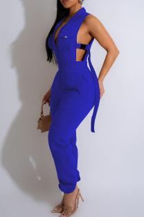Blue Casual Solid Patchwork Pocket Zipper Collar Skinny Jumpsuits