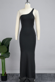 Black Sexy Solid Patchwork One Shoulder Long Dress Dresses