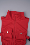 Red Casual Solid Patchwork Pocket Zipper Collar Skinny Jumpsuits