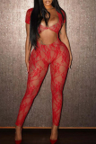 Red Sexy Solid Hollowed Out Patchwork See-through U Neck Skinny Jumpsuits