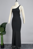 Black Sexy Solid Patchwork One Shoulder Long Dress Dresses