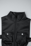 Black Casual Solid Patchwork Pocket Zipper Collar Skinny Jumpsuits