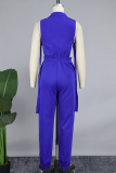 Blue Casual Solid Patchwork Pocket Zipper Collar Skinny Jumpsuits