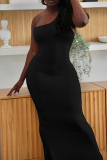 Black Sexy Solid Patchwork One Shoulder Long Dress Dresses