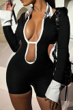 Black Sexy Solid Color Block Bandage Patchwork Backless Contrast Asymmetrical Collar Regular Rompers