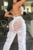 White Sexy Solid Tassel Bandage Backless Halter Sleeveless Two Pieces