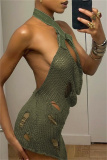 Green Sexy Solid Ripped Hollowed Out Backless Halter Sleeveless Dress Dresses