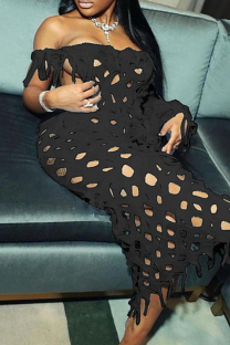 Black Sexy Solid Hollowed Out Patchwork Off the Shoulder Long Dress Dresses