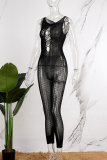 Black Sexy Solid Lace Hollowed Out See-through Mesh O Neck Skinny Jumpsuits