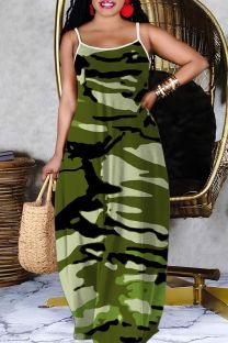 Army Green Sexy Casual Print Backless Spaghetti Strap Long Dress Dresses