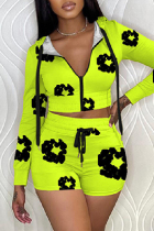 Fluorescent Green Casual Print Patchwork Zipper Hooded Collar Long Sleeve Two Pieces