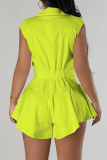 Fluorescent Green Street Solid Patchwork Buckle Turndown Collar Loose Rompers