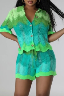 Green Casual Patchwork Buttons Contrast Turndown Collar Short Sleeve Two Pieces