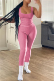 Pink Casual Sportswear Solid Vests Pants U Neck Sleeveless Two Pieces