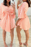 Orange Casual Striped Print Frenulum V Neck Irregular Dress Dresses