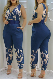 Deep Blue Casual Print Solid Patchwork Backless V Neck Skinny Jumpsuits (With Belt)