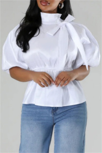 White Casual Print Solid Frenulum With Bow Turtleneck Tops