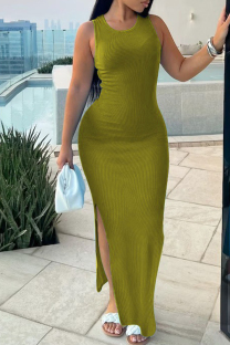 Green Casual Solid Patchwork Slit O Neck Long Dress Dresses