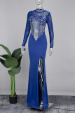 Blue Sexy Patchwork Hot Drilling See-through Slit Half A Turtleneck Long Dress Dresses