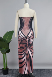 Brown Sexy Casual Print Backless Slit Strapless Long Dress Dresses