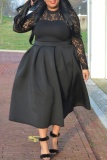 Black Casual Solid Lace Patchwork See-through O Neck Long Sleeve Plus Size Dresses