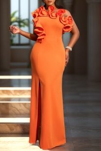 Orange Sexy Formal Solid Backless Slit Oblique Collar Long Dress Dresses