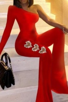 Red Casual Solid Hollowed Out Hot Drill Oblique Collar Skinny Jumpsuits