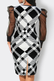 Black Elegant Print Patchwork Slit Zipper Asymmetrical Collar Pencil Skirt Plus Size Dresses