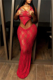 Red Sexy Solid Bandage See-through Backless Asymmetrical Halter Sleeveless Two Pieces