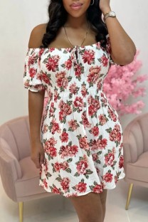 White Casual Print Backless Off the Shoulder Short Sleeve Dress