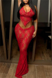 Red Sexy Solid Bandage See-through Backless Asymmetrical Halter Sleeveless Two Pieces