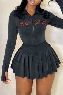Grey Casual Letter Embroidery Patchwork Zipper Collar Long Sleeve Two Pieces