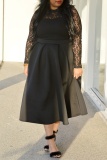 Black Casual Solid Lace Patchwork See-through O Neck Long Sleeve Plus Size Dresses