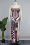 Brown Sexy Casual Print Backless Slit Strapless Long Dress Dresses