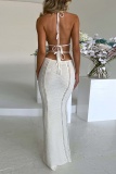 White Sexy Solid Bandage Backless Halter Long Dress Dresses
