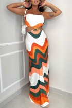 White Orange Casual Sweet Street Daily Elegant Mixed Printing Printing Contrast Halter Dresses