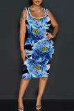 Blue Casual Print Basic U Neck Vest Dress Dresses
