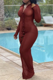 Brown Red Sexy Solid Buttons See-through Turndown Collar Beach Dress Dresses
