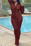 Brown Red Sexy Solid Buttons See-through Turndown Collar Beach Dress Dresses