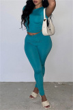 Cyan Casual Sportswear Solid Basic O Neck Short Sleeve Two Pieces