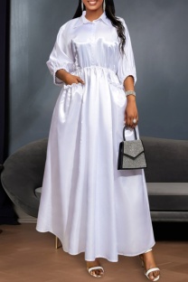 White Casual Solid Patchwork Shirt Collar Long Dresses