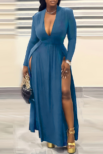 Lake Blue Casual Solid Slit V Neck Long Dress Plus Size Dresses